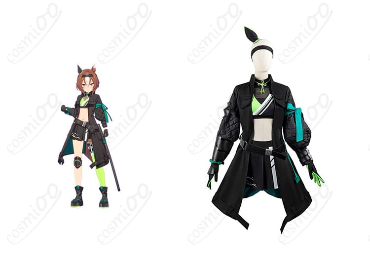 ヤエノムテキ コスプレ衣装 黒将Zen 勝負服とキャラクターが一緒に映った画像。ウマ娘ファン必見の忠実再現！
