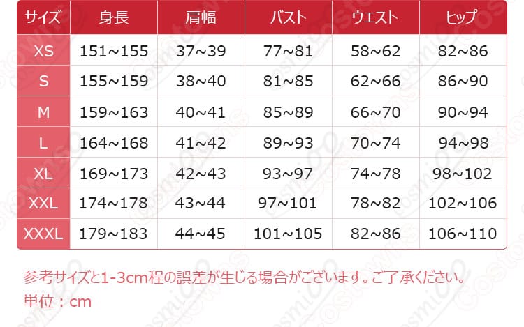 フランカ コスプレ衣装のサイズガイド。実際のサイズ感を確認できる画像です。