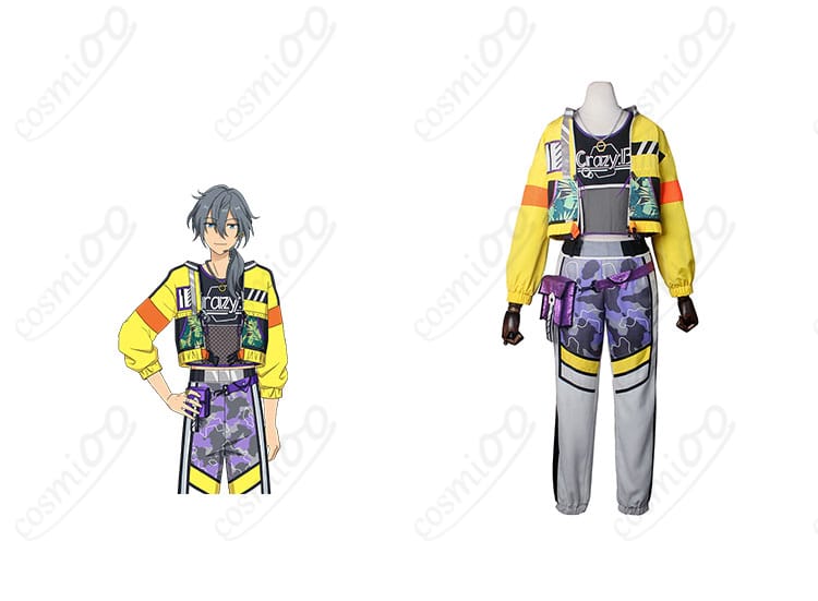 商品正面とキャラクター人物の合わせたコスプレ衣装、あんスタの椎名ニキ・天城燐音・HiMERU・桜河こはくのホットリミット衣装