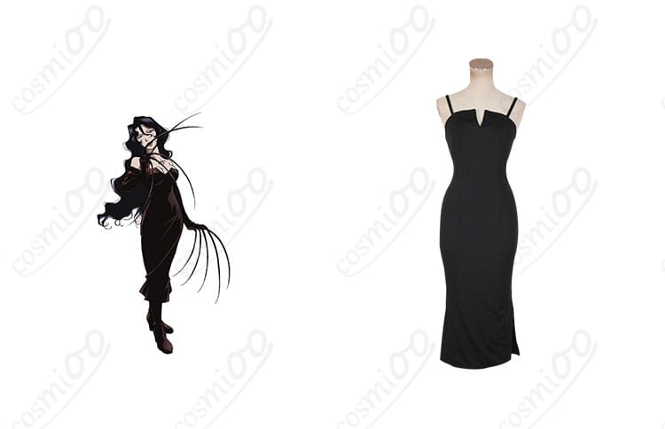 鋼の錬金術師 ラスト コスプレ衣装 正面とキャラクターの融合画像。アニメキャラの忠実再現、コスプレに最適な一着。