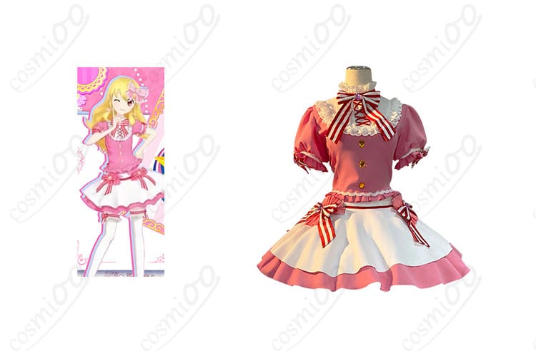 商品正面と星宮いちごのコスプレ衣装のイメージ、アイカツ！のキャラクターコスプレ。コスプレ衣装のディテールが確認できます。