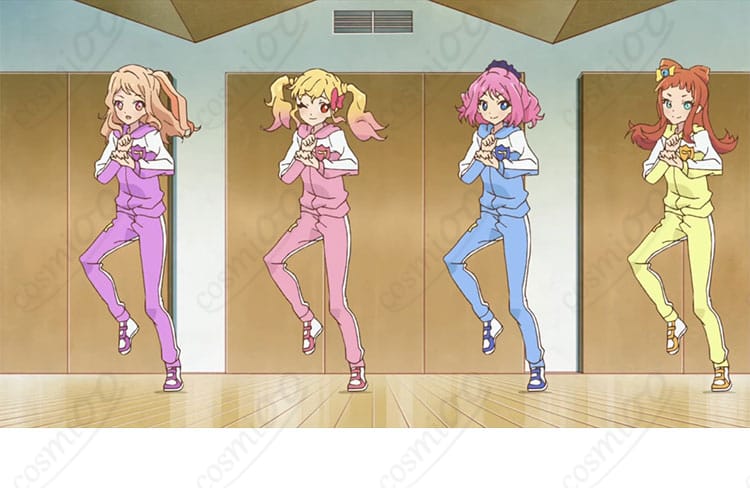 商品キャラクターのコスプレ衣装画像、アイカツ！スタイルの桜庭ローラ、七倉小春、虹野ゆめ、早乙女あこのコスプレ衣装