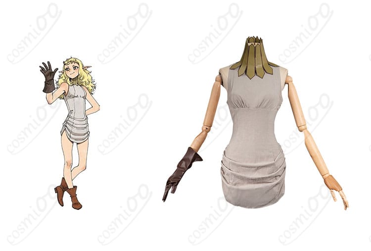 ダンジョン飯 フレキ コスプレ衣装 正面とキャラクターのコラボショット。高再現度で忠実に再現されたフレキの衣装。