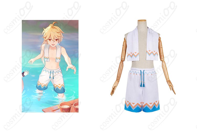 商品正面とキャラクター（空）のコスプレ衣装の組み合わせ画像 – 高い再現度の魔神任務の温泉衣装