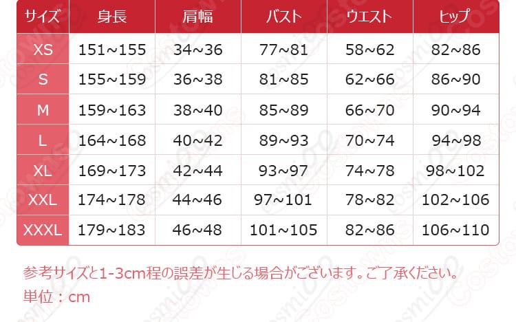 商品のサイズと寸法に関する情報、各サイズの対応がわかります。