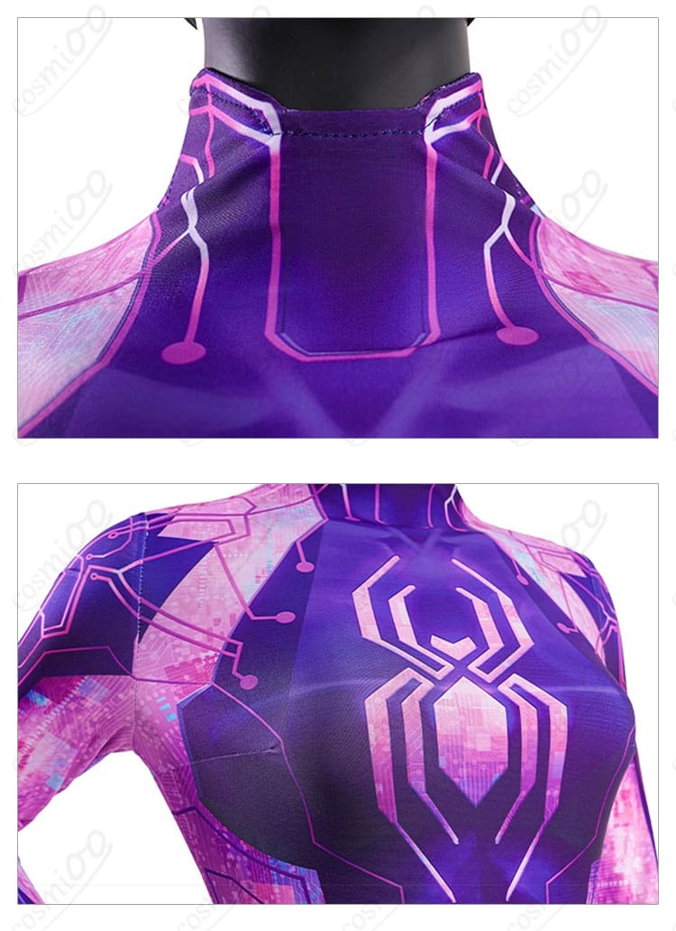 スパイダー・バイト衣装の領口背面と胸前装飾の詳細画像。忠実に再現されたデザインが際立つ。
