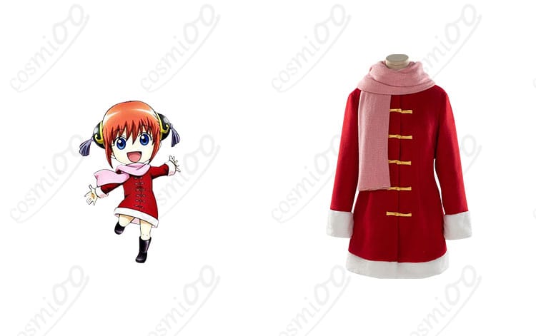 商品正面と神楽のキャラクターを合わせたコスプレ衣装の写真｜銀魂 神楽 冬服 コスプレ衣装