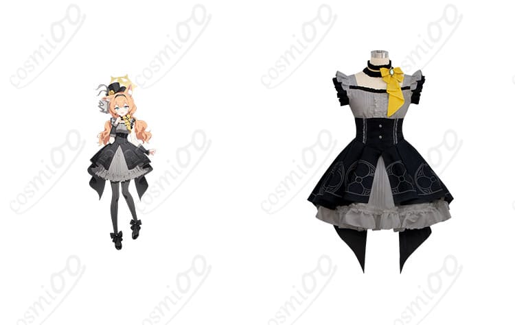 ブルーアーカイブ 伊落マリー アイドル コスプレ衣装 正面とキャラクターのイメージ画像。忠実再現されたアイドル衣装のディテールをご覧ください。