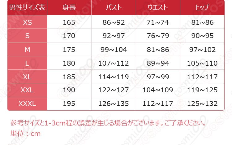ジェネシス・ラプソードス コスプレ衣装 サイズと寸法の対応データ - サイズガイド、購入前に確認