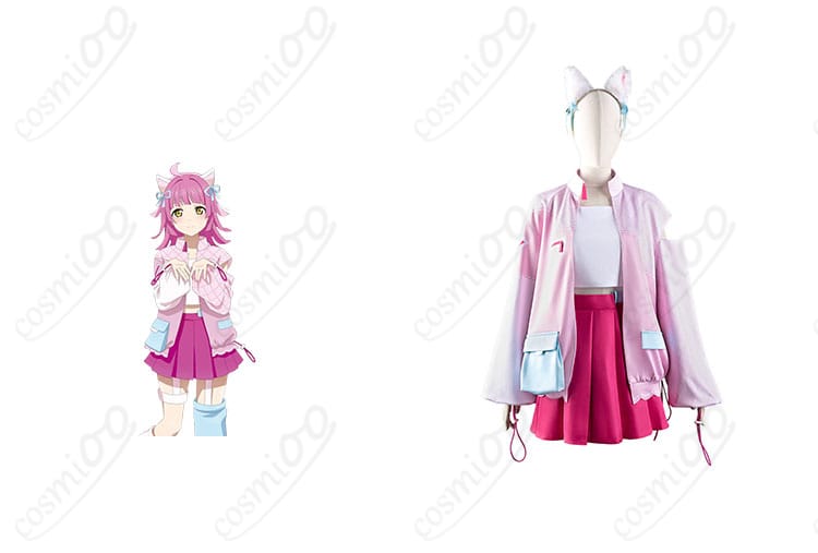天王寺璃奈のコスプレ衣装の正面とキャラクター画像。ラブライブ！虹ヶ咲学園スクールアイドル同好会のデザインが忠実に再現されています。