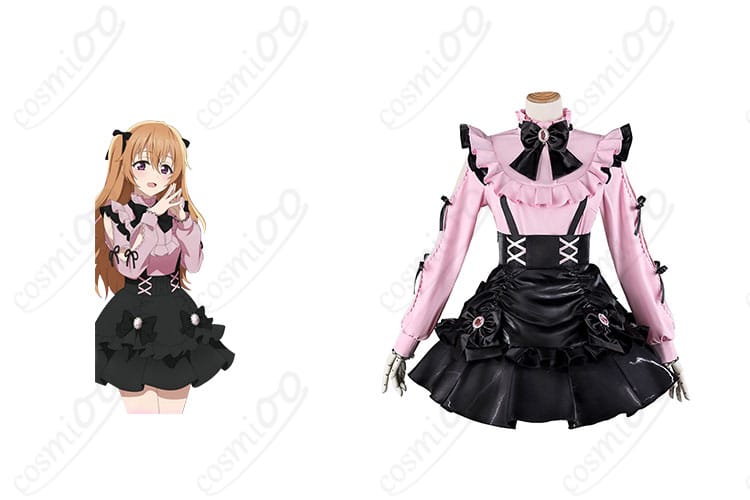 ラブライブ！虹ヶ咲学園スクールアイドル同好会 近江彼方 コスプレ衣装 正面とキャラクターの結合画像。蝶結び付きの可愛いデザインを確認してください。