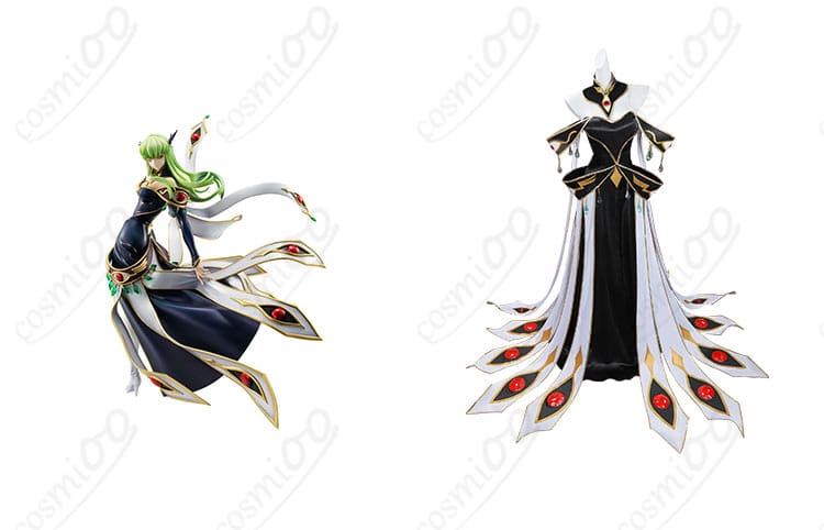 商品正面とキャラクターC.C.のコスプレ衣装、ブリタニア衣装の詳細