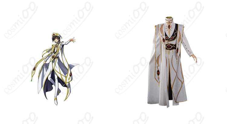 商品正面とキャラクターの結合画像 - ルルーシュ・ランペルージの皇帝コスプレ衣装。アニメ「コードギアス」の忠実な再現。コスプレ衣装で自分だけのルルーシュに変身！