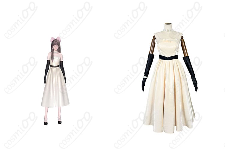 商品正面とキャラクターの人物が一緒に写っているコスプレ衣装の写真。高再現度で『白に溶ける』のディテールが特徴。