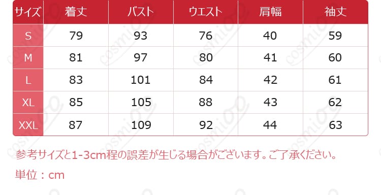 サイズと寸法に関するデータを示した画像。各サイズに対応する測定データが表示されている。