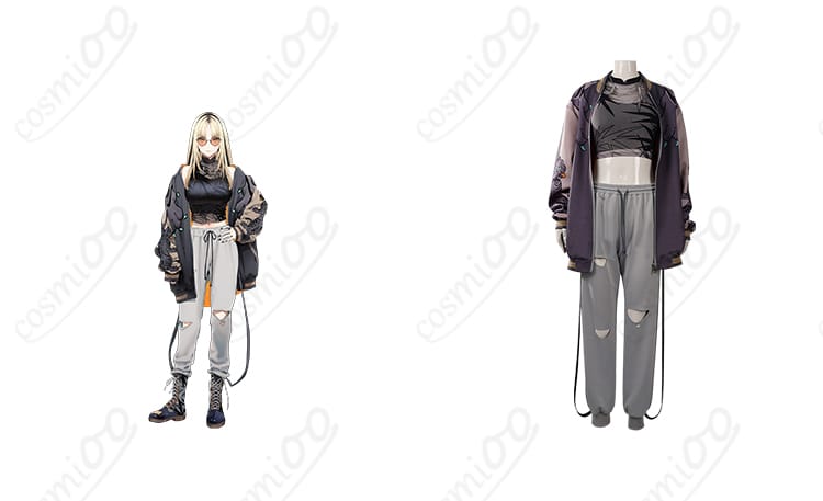 商品正面と虎金妃笑虎キャラクターのコスプレ衣装の合わせた写真。ホロライブの初期衣装を再現。