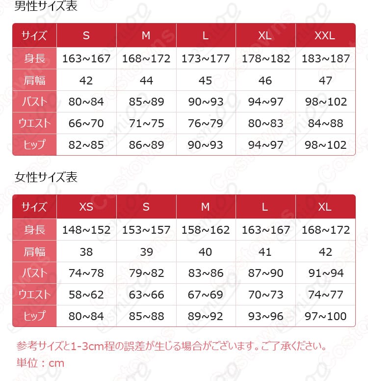 サイズと寸法に対応したデータ画像。KAITOコスプレ衣装のサイズガイド。コスプレ衣装
