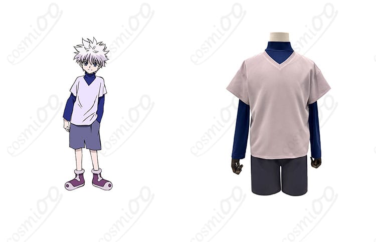 キルア＝ゾルディック コスプレ衣装 HUNTER×HUNTERのキャラクターと商品が一緒に映った画像。忠実再現のデザインで、コスプレイベントにぴったり！
