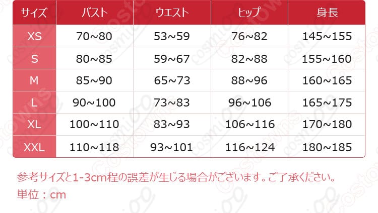 展示尺码和尺寸对应数据图。コスプレ衣装のサイズと寸法の対応を分かりやすく表示した画像。