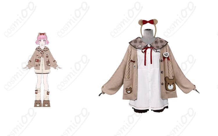 草薙寧々 コスプレ衣装 プロジェクトセカイ 初音ミク カフェモカ・ベア ルームウェア 商品正面とキャラクター人物の結合画像。魅力的なデザインが再現されています。今すぐチェック！