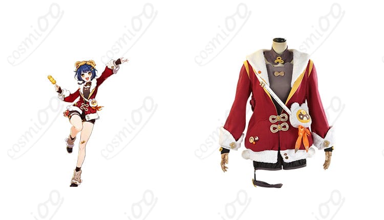 「原神 香菱（シャンリン）」のコスプレ衣装の正面とキャラクターが一緒に写った画像。衣装のディテールとキャラクターの魅力を完全再現。