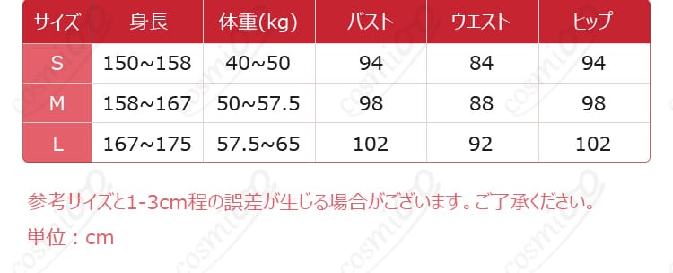サイズと寸法対応の展示画像 - 佐倉双葉コスプレ衣装のサイズと寸法対応データ