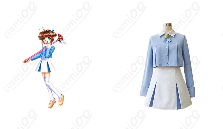 カードキャプターさくら 木之本桜 コスプレ衣装 正面とキャラクターとの組み合わせ画像。衣装のディテールがよく分かる。