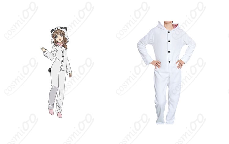 商品正面とキャラクターとのコラボレーションイメージ - 梓川かえでのパンダコスプレ衣装。キャラクターと衣装の詳細が確認できる。