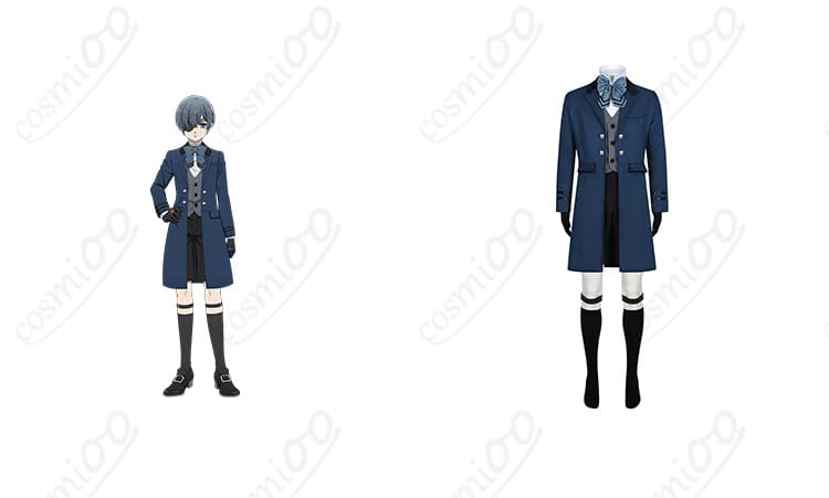 商品正面とキャラクター「シエル・ファントムハイヴ」の組み合わせイメージ コスプレ衣装の全体像。