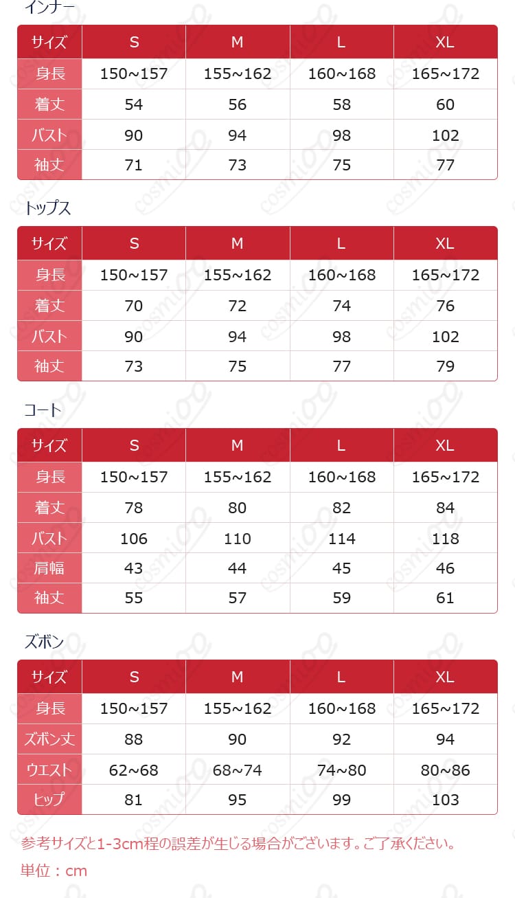 サイズと寸法に対応するデータの図。コスプレ衣装の適切なサイズ選びをサポートします。