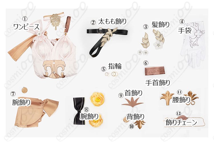 セット内容の展示 - ワンピースや手袋、首飾りなど、アグライアコスプレ衣装のセット内容