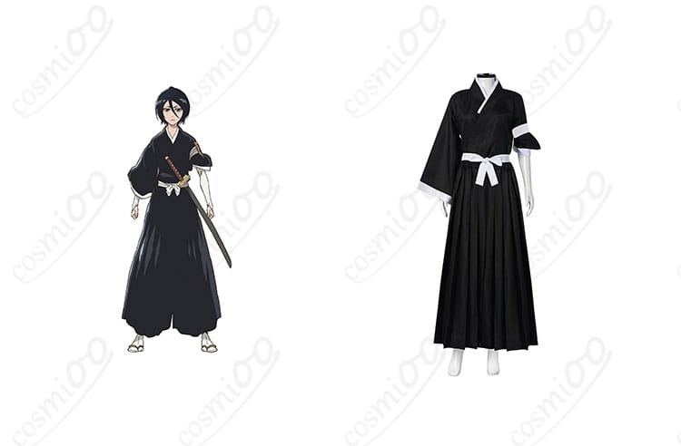 商品正面とキャラクターの組み合わせ図 - BLEACH 朽木ルキアの死覇装コスプレ衣装。アニメキャラクターとのコスプレシーン。