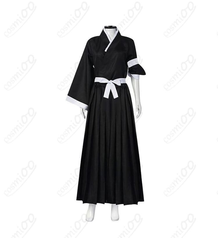 商品正面図 - 朽木ルキアの死覇装コスプレ衣装の全体像。高い再現度で、アニメの雰囲気を再現。