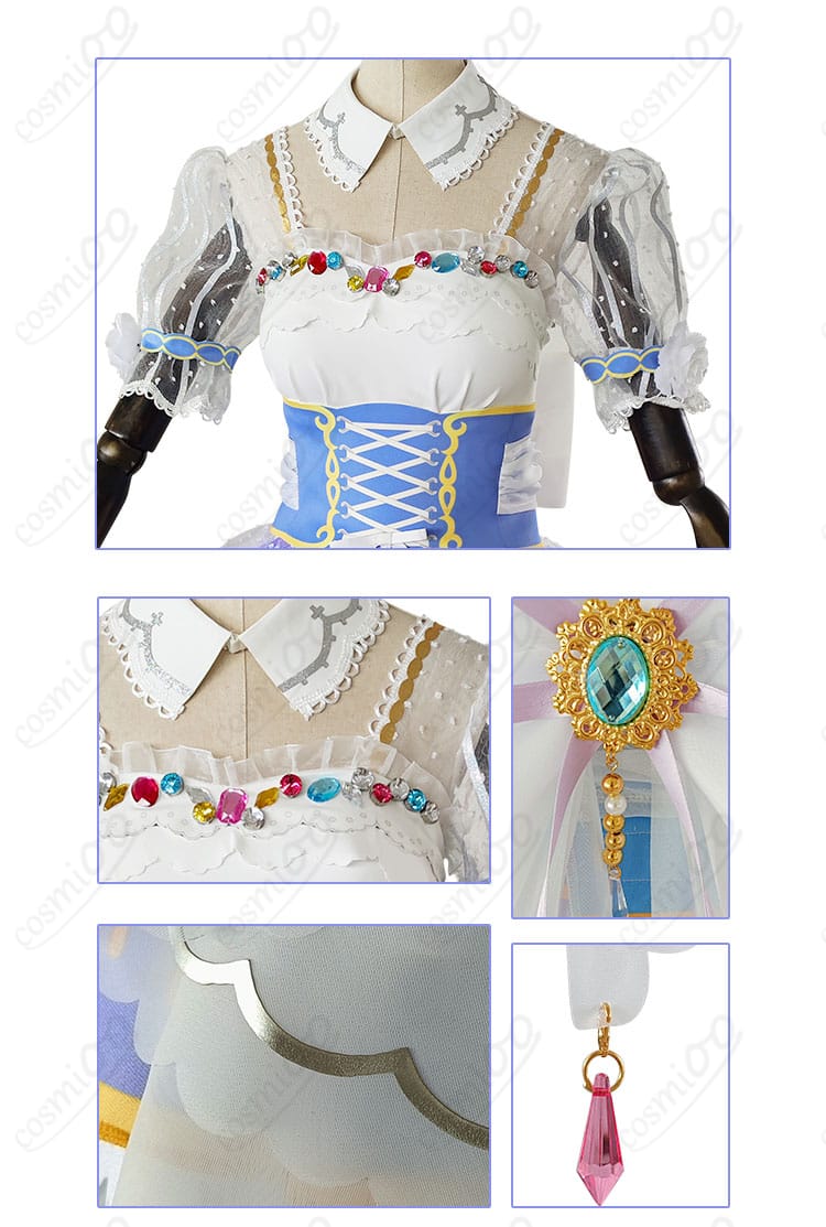 領口、腰飾り、スカートの装飾細部。精緻なデザインが際立つ、コスプレ衣装の豪華なディテール。