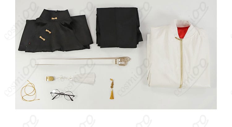 タオ コスプレ衣装 セット内容を展示。コート、トップス、ズボン、ベルトなどが含まれています。
