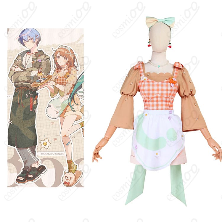 プロジェクトセカイ 花里みのり コスプレ衣装 正面とキャラクターの組み合わせ。高い再現度で魅力的な衣装。