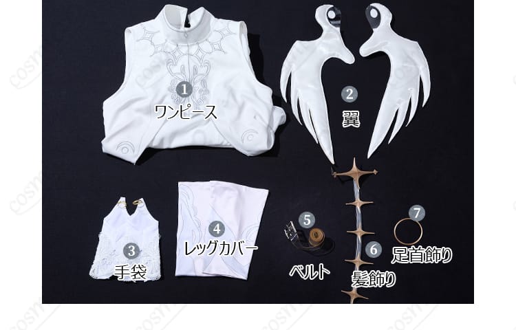 セット内容を展示した写真。コスプレ衣装一式の全容を紹介、セット内容の説明を含む画像。