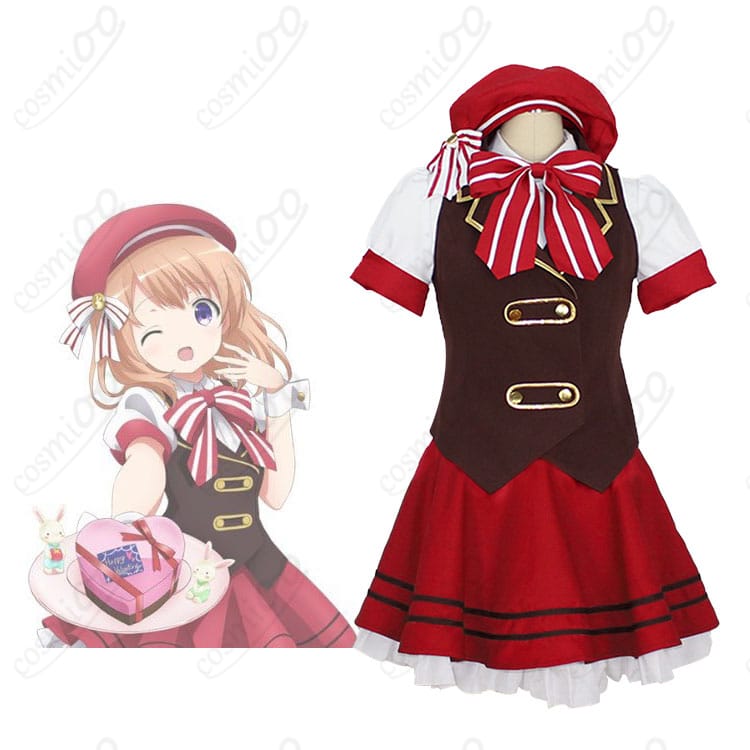 「ご注文はうさぎですか？」ココアのメイド服コスプレ衣装の正面とキャラクターとの組み合わせ。