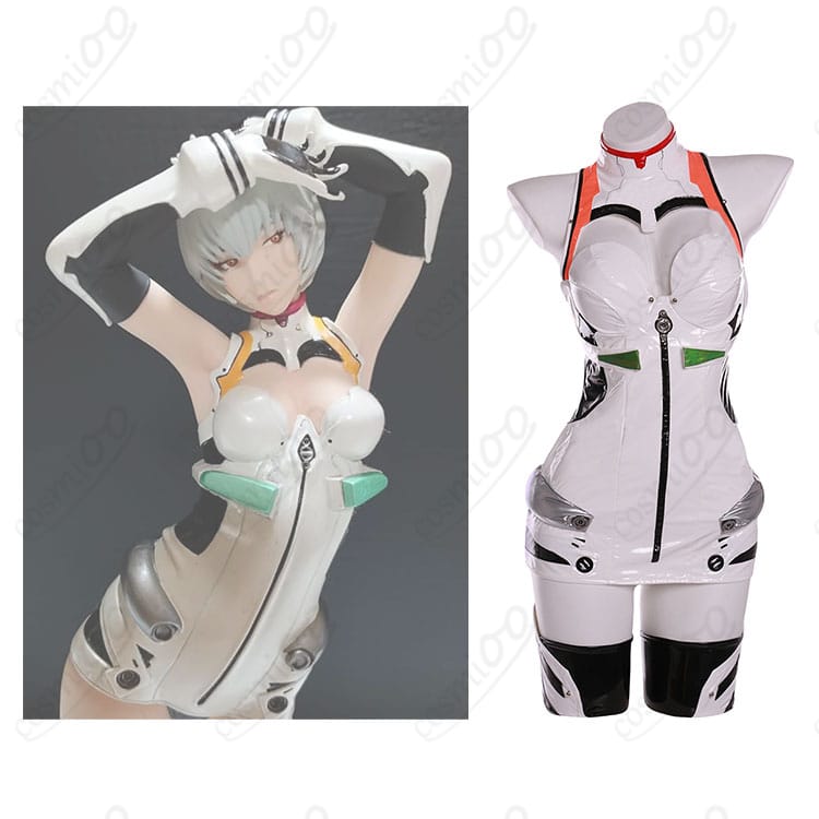 綾波レイ コスプレ衣装の正面とキャラクターのコラボ画像。高再現度で快適な着用感を提供します。
