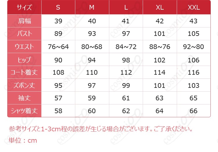 サイズと寸法の対応データ図 - コスプレ衣装 プロメッサ衣装のサイズガイド