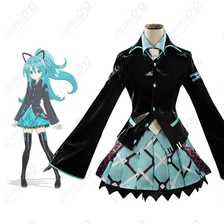 商品服装とキャラクターの組み合わせ画像 - 初音ミクのコスプレ衣装『if』バージョン。彼女の特徴的な水色の衣装を忠実に再現。コスプレ衣装の全体像を確認！