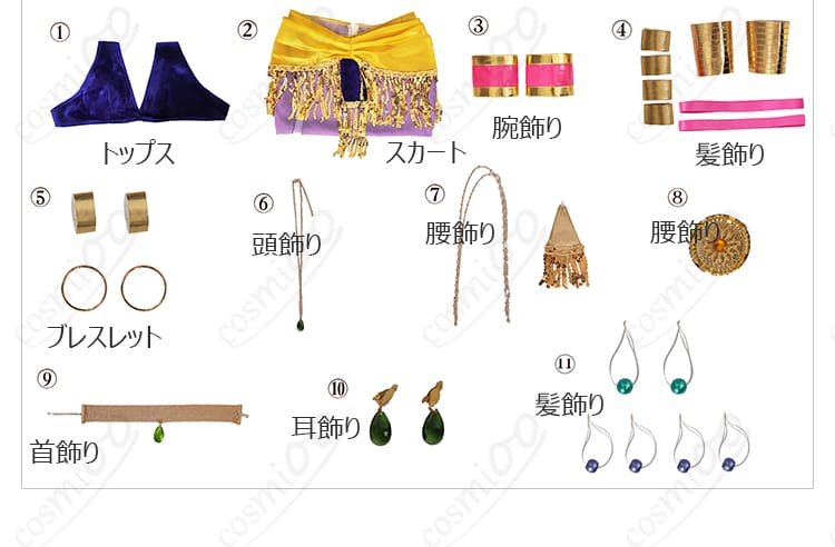 展示セット内容の図 - ほしな歌唄 ダンサー コスプレ衣装のセット内容を示す画像。全アイテムが展示されています。