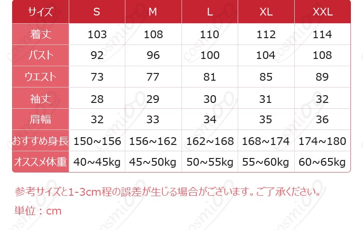 サイズと寸法の対応データ図。鹿目まどかのメイド服コスプレ衣装のサイズ詳細が記載された画像。