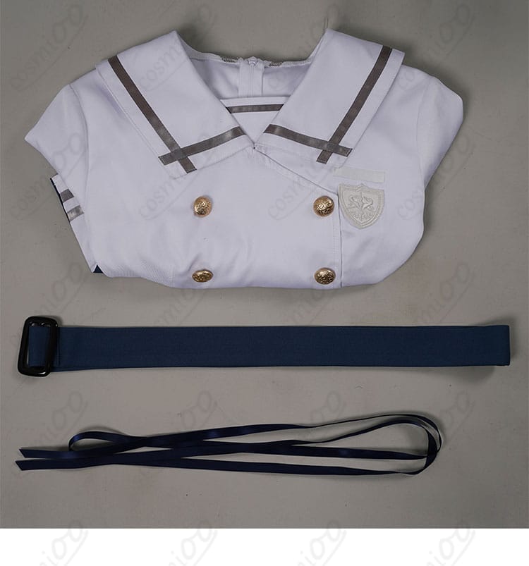 バンドリ！ 若葉睦 コスプレ衣装のセット内容。ワンピース、ベルト、リボンが含まれている。