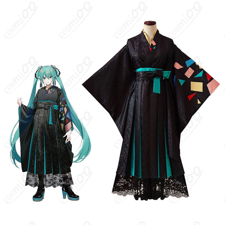 初音ミクのコスプレ衣装の正面とキャラクター初音ミクのコスプレシーン。美しいデザインと忠実再現。今すぐチェック！