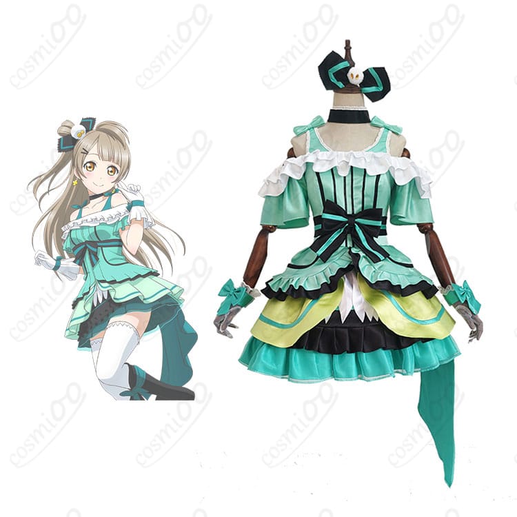 南ことり コスプレ衣装 正面とキャラクターとのコラボレーション画像。ラブライブ！スクフェスの可愛らしいデザインが忠実に再現された衣装。