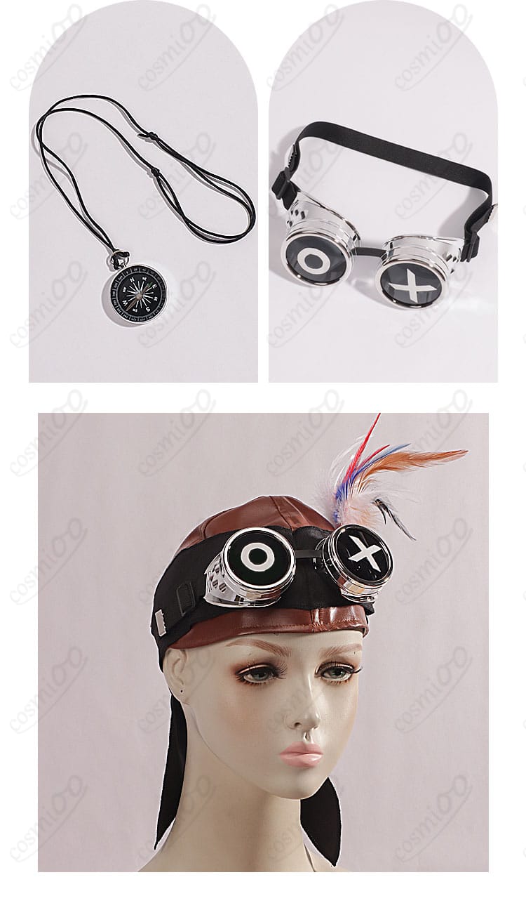 無期迷途 ヘラ コスプレ衣装のコンパス風チャームとウィンドゴーグル頭飾りの接写。質感重視のアクセ。