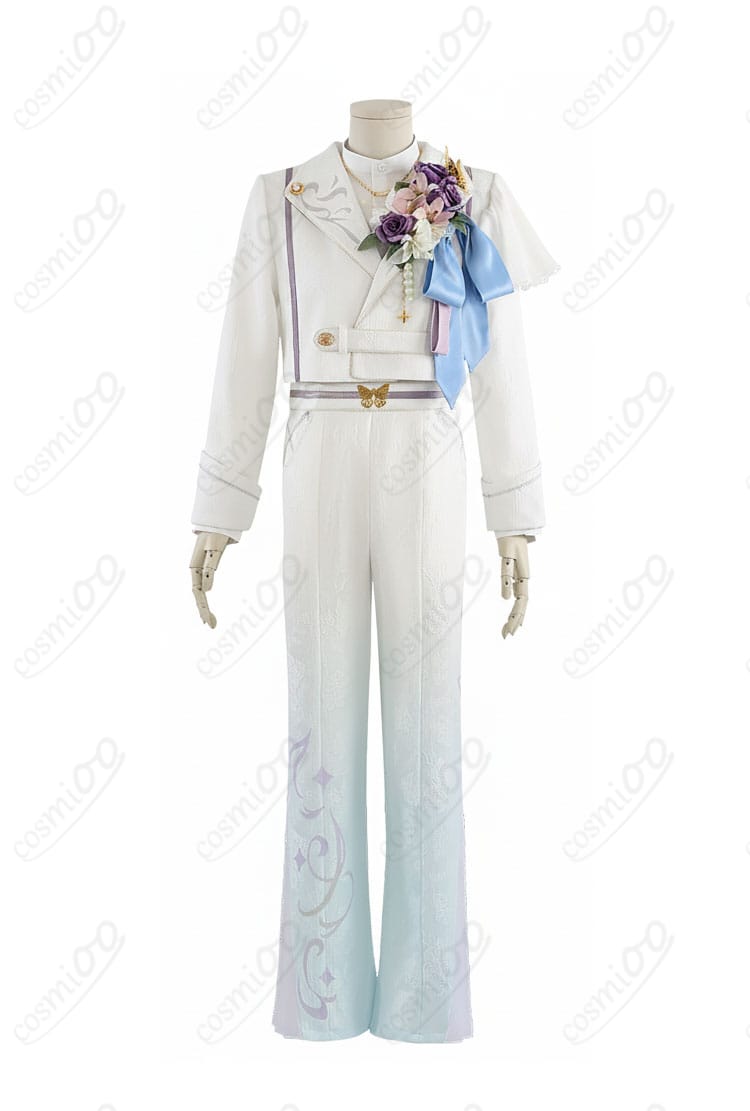 コート・シャツ・ズボンの正面と側面ディテール。胸飾りと襟モチーフの配置がわかるカット