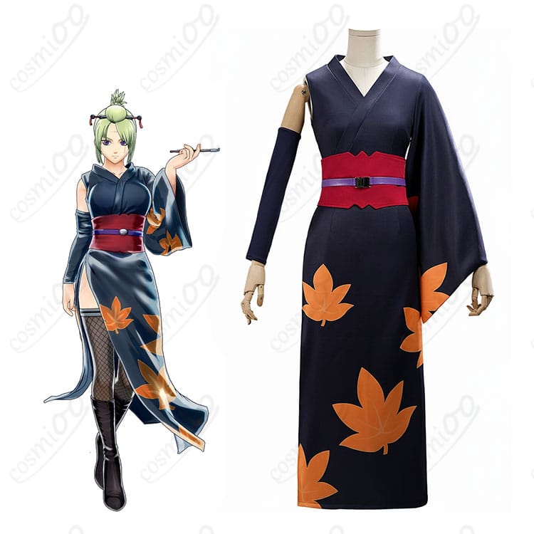 銀魂・月詠のコスプレ衣装を着用した全身イメージとセット全体図。斜襟の着物とコルセットのバランスが分かる構図。