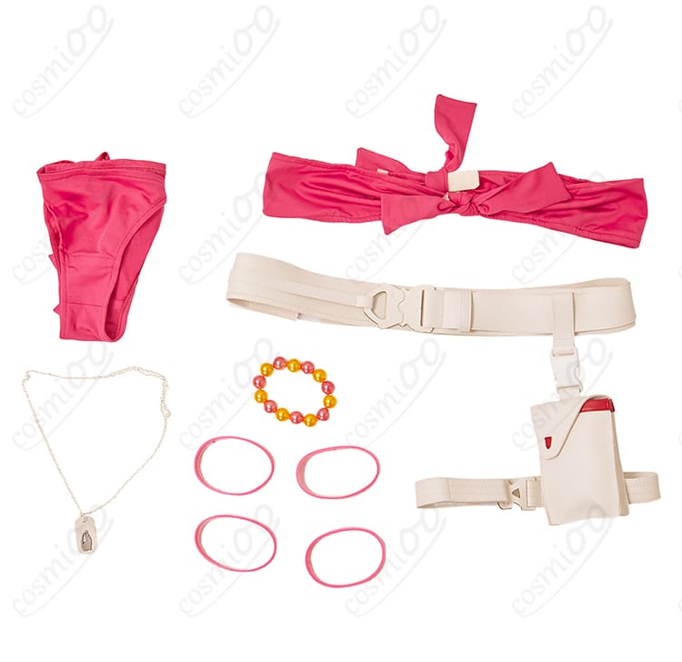 キャミィ水着コスプレのセット内容一式。トップス・ショーツ・ベルト・太もも飾り・手首飾り・ネックレス